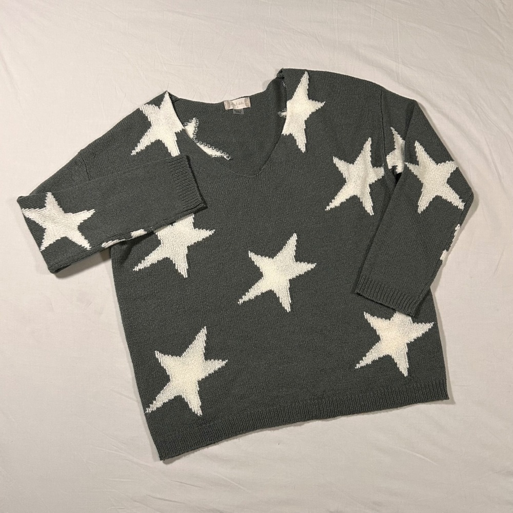 Altered State V Neck Long Sleeve Sweater Size S Gray White Star Print Festival